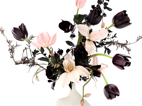 Bouquet tulips magnolias flowers vase eucalyptus branches decor 3D Model