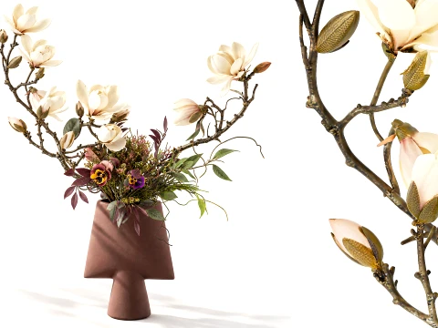 Bouquet Branches Leaves white Magnolia Blossoms vase decor Modèle 3D
