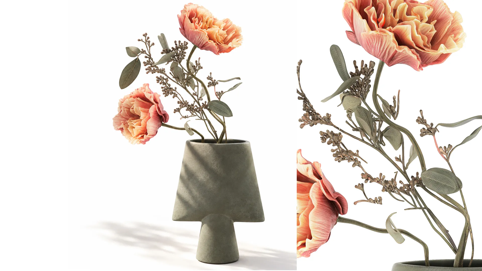 Bouquet Leaves peony eucalyptus branch vase decor 3D Model .c4d .max .obj .3ds .fbx .stl .blend 