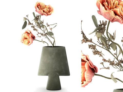 Bouquet Leaves peony eucalyptus branch vase decor 3D Model