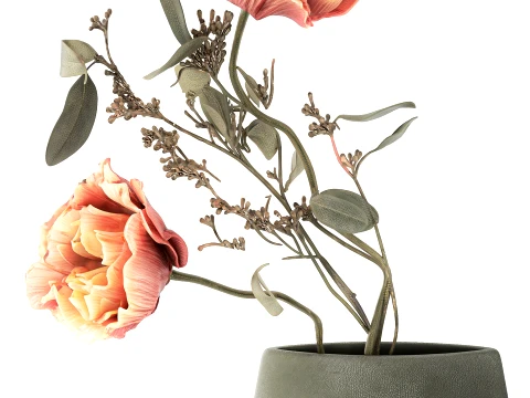 Bouquet Leaves peony eucalyptus branch vase decor 3D Model
