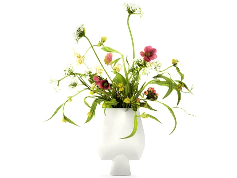 Bouquet green white flowers vase decor set 101 Copenhagen 3D Model