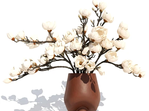 Bouquet Branches Leaves White Magnolia Blossoms vase decor 3D Model