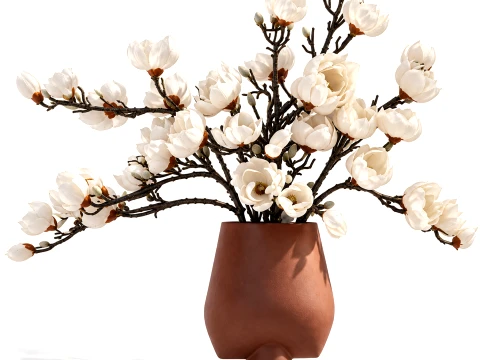 Bouquet Branches Leaves White Magnolia Blossoms vase decor 3D Model