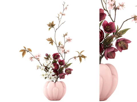 Bouquet red White Flowers Vase Cherry Sakura vase decor new 3D Model