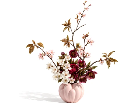 Bouquet red White Flowers Vase Cherry Sakura vase decor new 3D Model