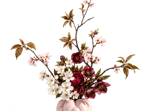 Bouquet red White Flowers Vase Cherry Sakura vase decor new 3D Model