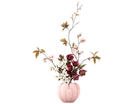 Bouquet red White Flowers Vase Cherry Sakura vase decor new 3D Model