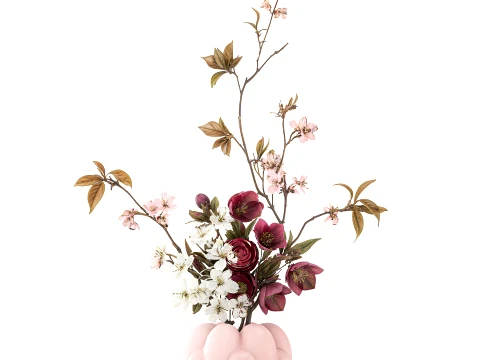 Bouquet red White Flowers Vase Cherry Sakura vase decor new 3D Model