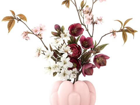 Bouquet red White Flowers Vase Cherry Sakura vase decor new 3D Model