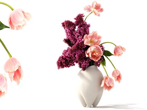 Bouquet pink flowers tulips lilac Vase Branches decor new 3D Model