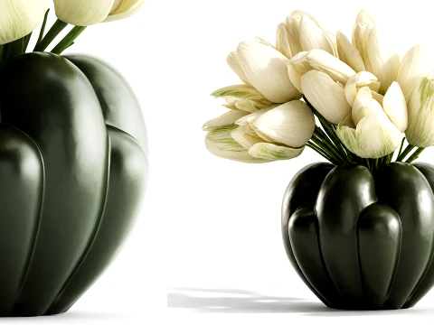Bouquet white Flowers Tulips Vase Branches decor 3D Model