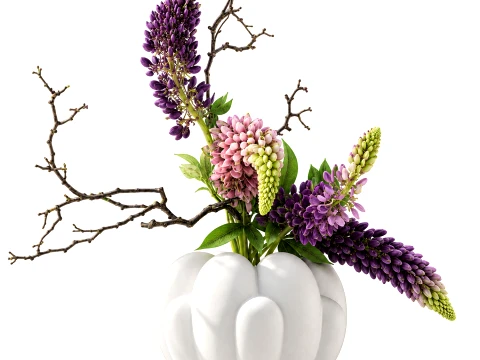 Bouquet flowers Lupine branches 101 Copenhagen top white vase 3D Model