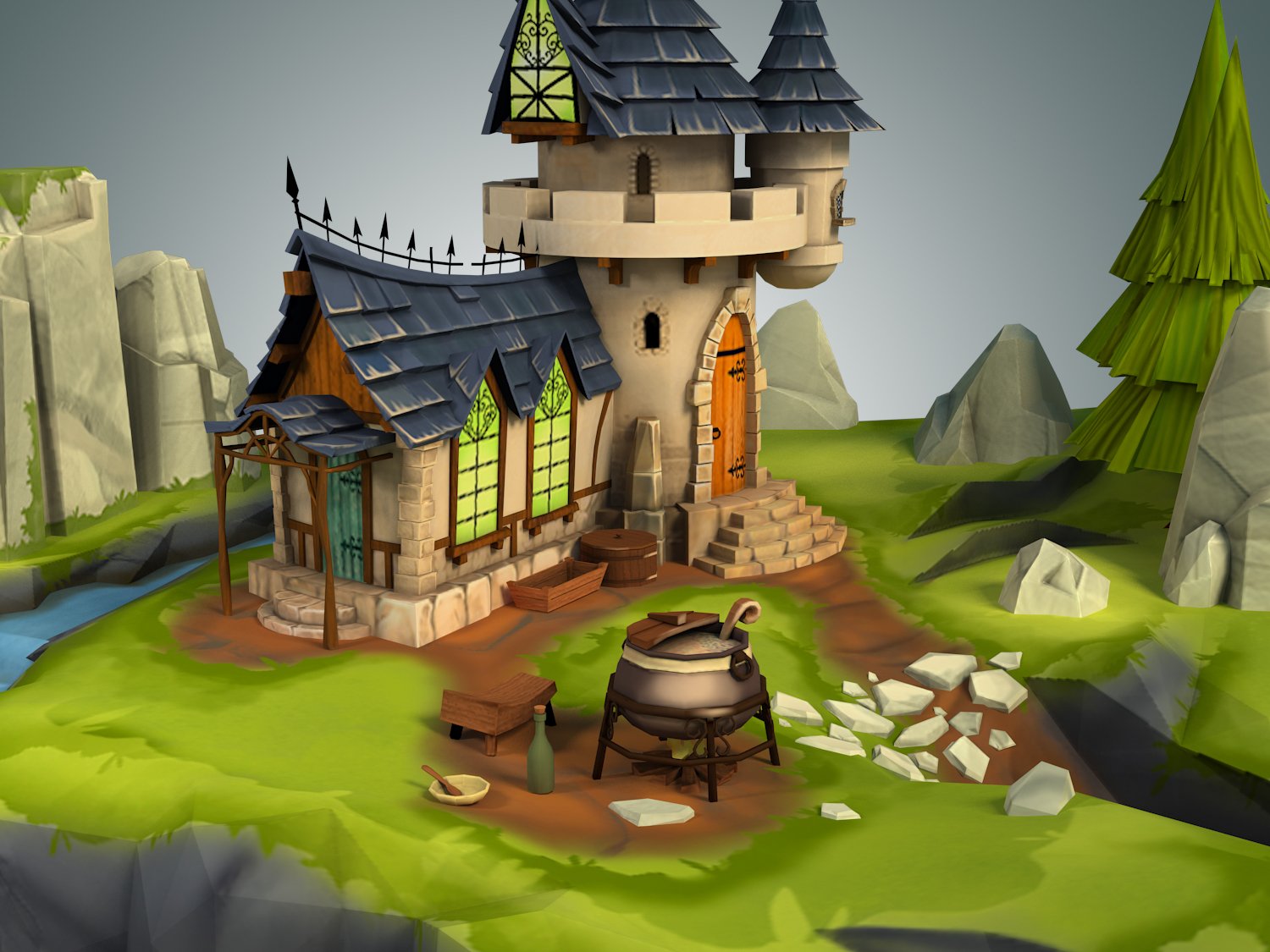 low poly stylized castle environment 3D Model in Fantasy 3DExport