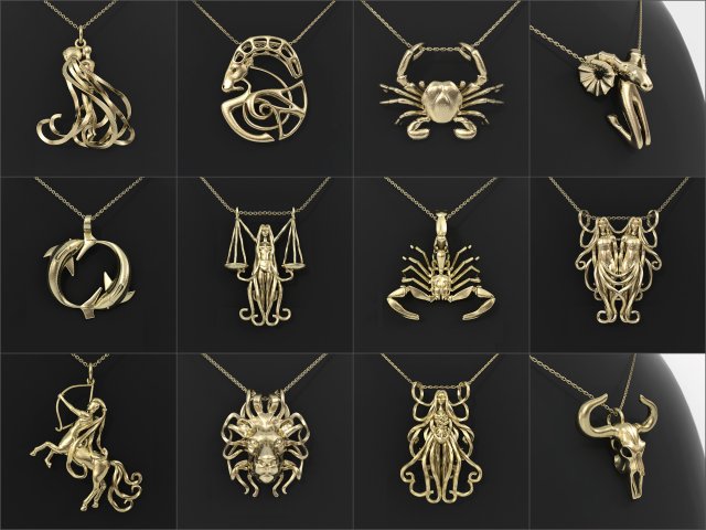 12 zodiac pendants collection 3D Print Model .c4d .max .obj .3ds .fbx .lwo .lw .lws