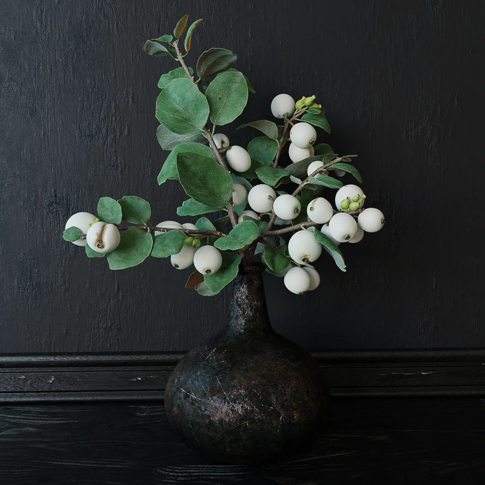 Snowberry branch in vase 3D Model .c4d .max .obj .3ds .fbx .stl .blend