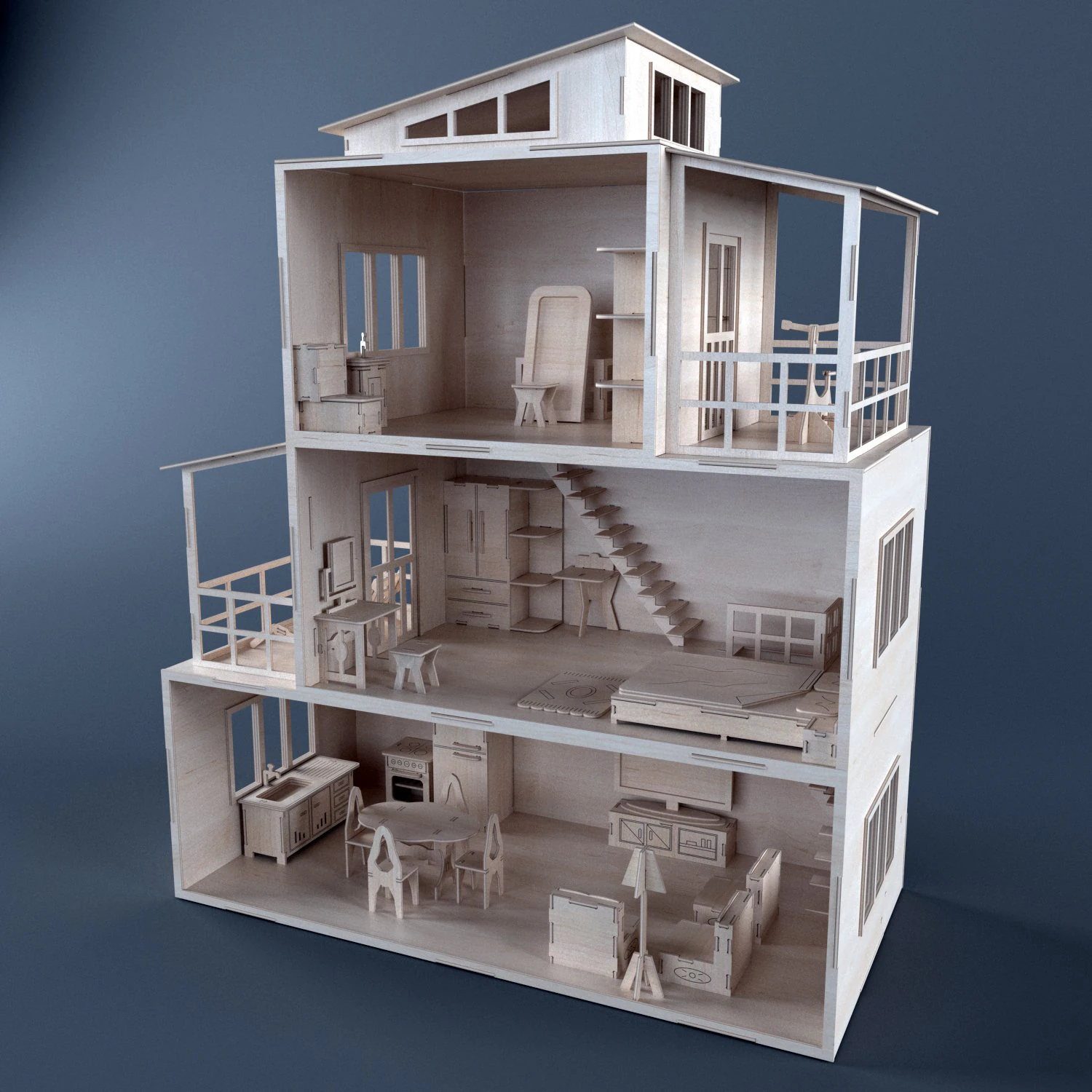 plywood dollhouse 3D Model .c4d .max .obj .3ds .fbx .stl .blend