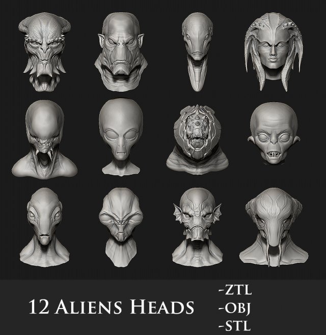 12 aliens heads Model 3D .c4d .max .obj .3ds .fbx .stl .blend 