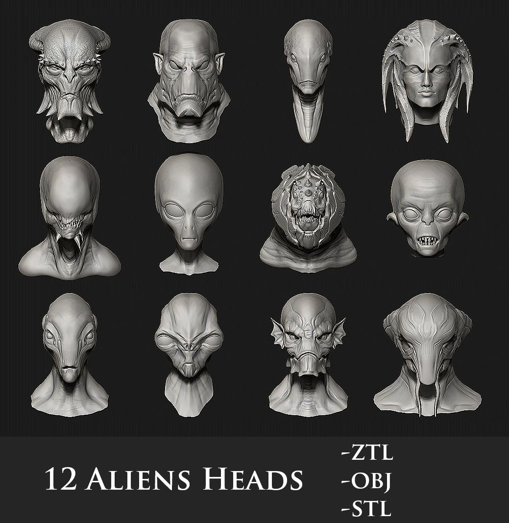 12 aliens heads 3D Model .c4d .max .obj .3ds .fbx .stl .blend 