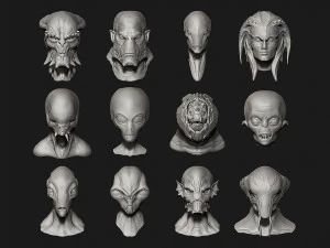 12 aliens heads 3D Model