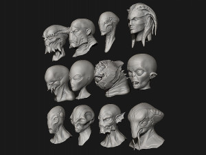 12 aliens heads Model 3D