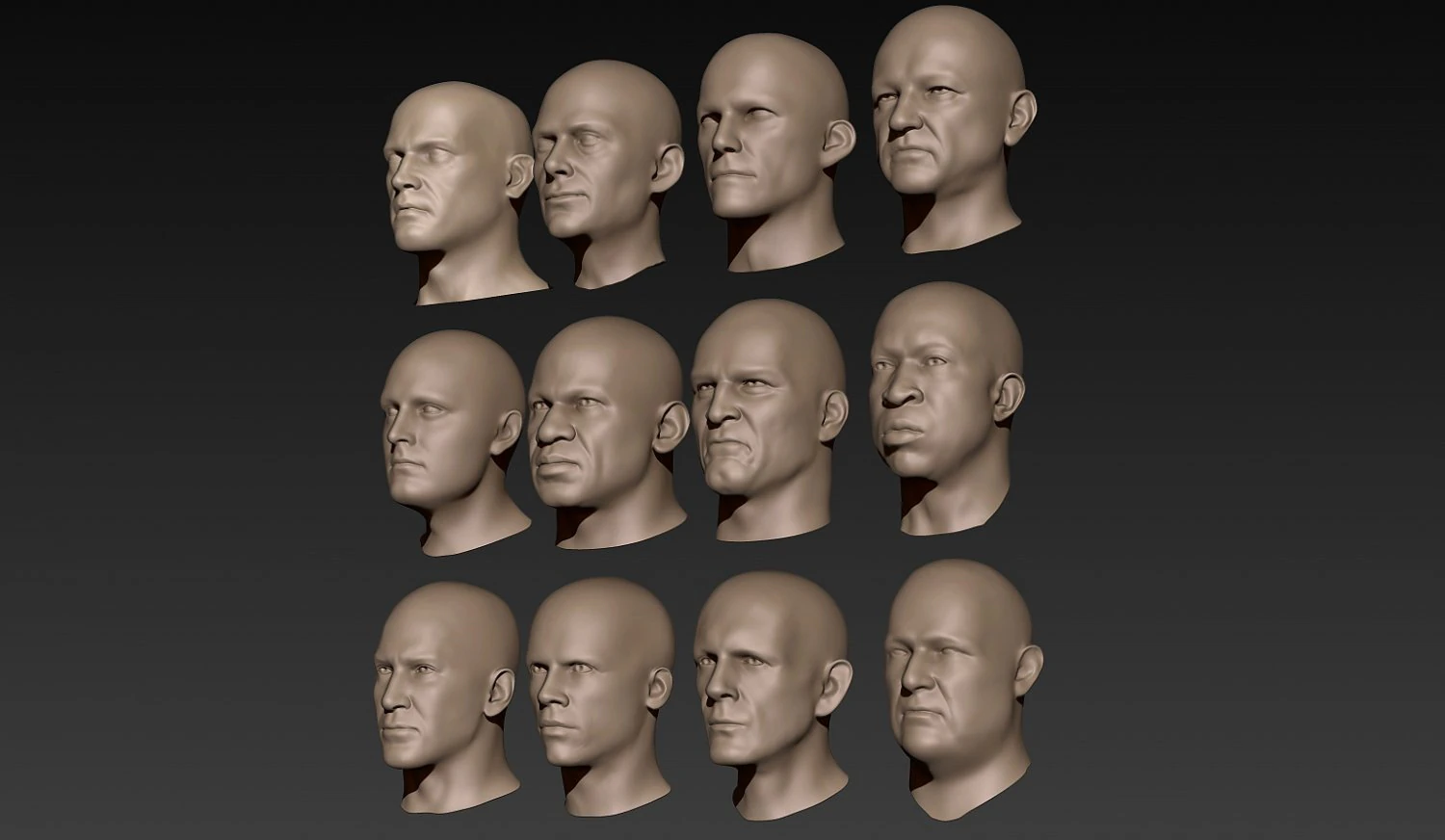 12 male heads 3D Model .c4d .max .obj .3ds .fbx .stl .blend