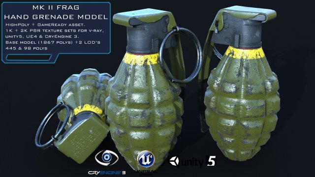 mk2 handgrenade highpoly lowpoly 2 lods 3D Модель .c4d .max .obj .3ds .fbx .stl .blend 