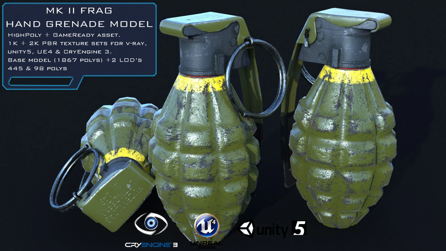 mk2 handgrenade highpoly lowpoly 2 lods 3D Model .c4d .max .obj .3ds .fbx .stl .blend