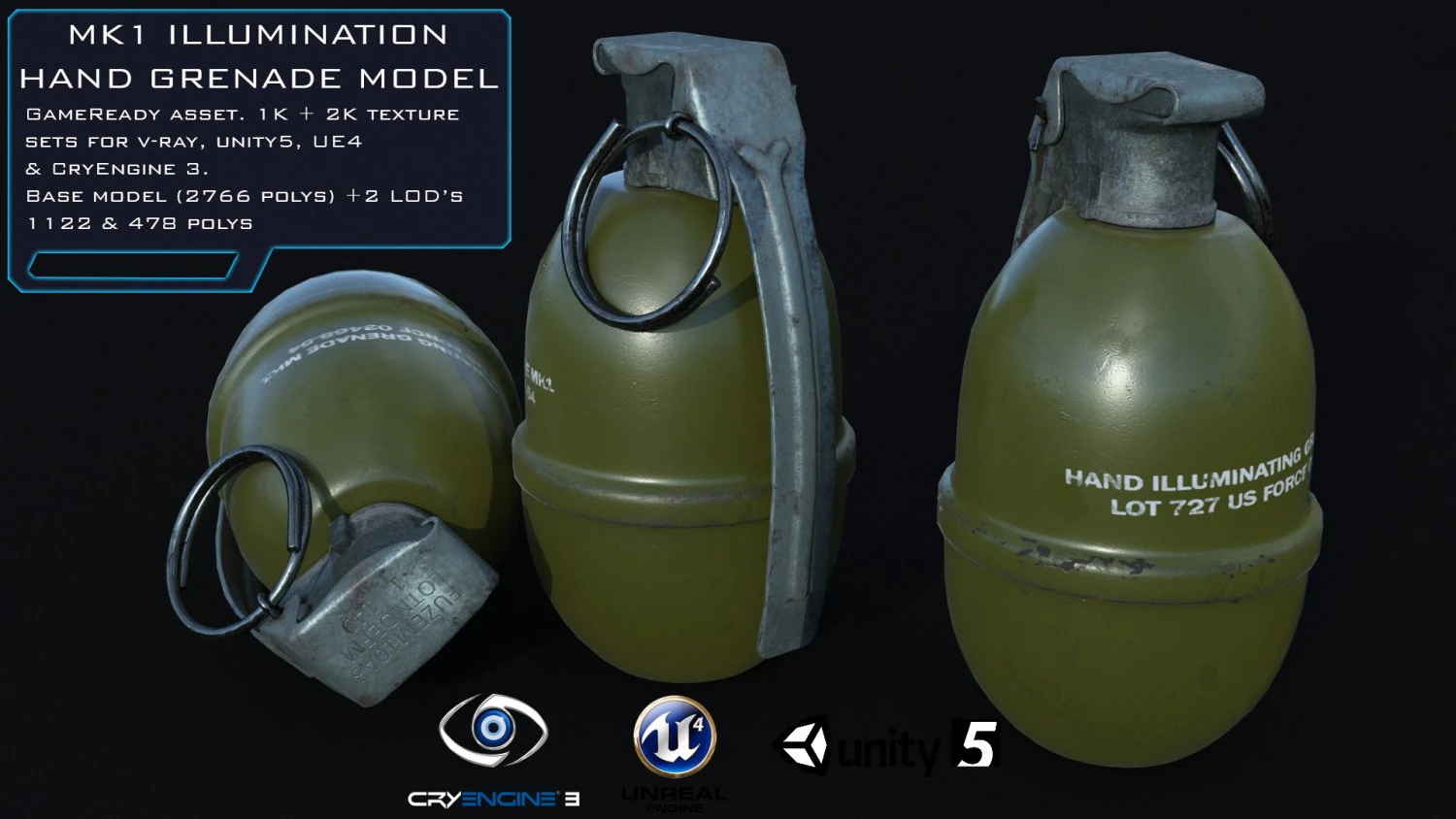 mk1 illumination hand grenade game ready 2 lods 3D Model .c4d .max .obj .3ds .fbx .stl .blend
