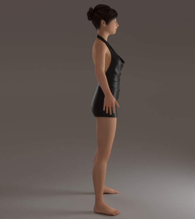 3d illustration of a barefoot very thin woman wearing black
