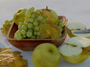 fruit bowl grapes leaves apples cut damast knife 3D 모델