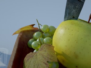 fruit bowl grapes leaves apples cut damast knife 3D 모델