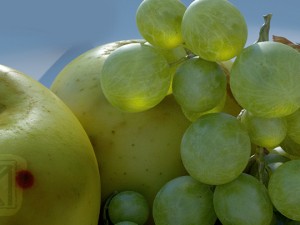 fruit bowl grapes leaves apples cut damast knife 3D 모델