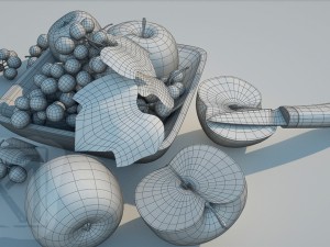 fruit bowl grapes leaves apples cut damast knife 3D 모델