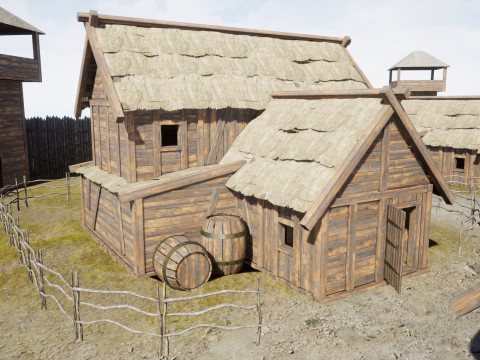Medieval village wooden houses Model 3D