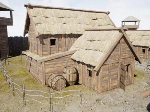 Casas de madeira da vila medieval Modelo 3D
