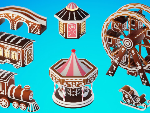 जिंजरब्रेड विलेज गेम रेडी एसेट पैक 3D मॉडल