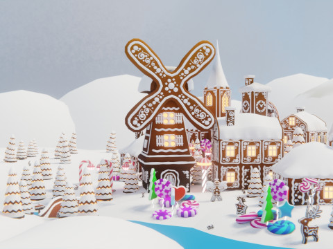 जिंजरब्रेड विलेज गेम रेडी एसेट पैक 3D मॉडल