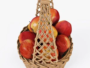 wicker basket 04 natural color with apples 3D Model