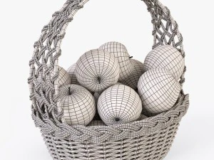 wicker basket 04 white color with apples 3D Model