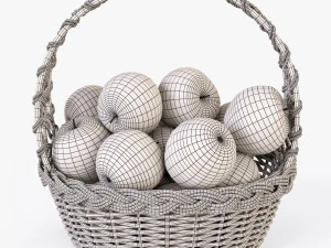 wicker basket 04 white color with apples 3D Model