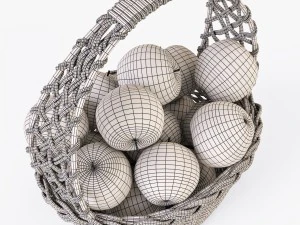 wicker basket 04 white color with apples 3D Model
