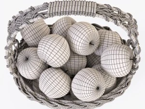 wicker basket 04 white color with apples 3D Model