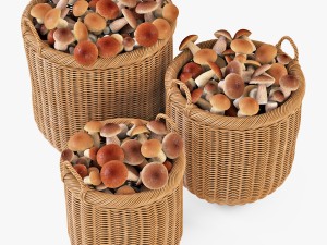 wicker basket 07 toasted oat color with mushrooms Model 3D