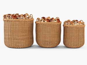 wicker basket 07 toasted oat color with mushrooms Model 3D