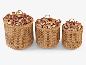wicker basket 07 toasted oat color with mushrooms Model 3D
