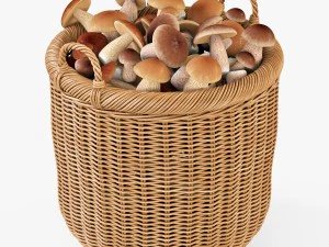 wicker basket 07 toasted oat color with mushrooms 3D Model