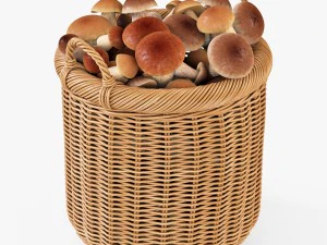 wicker basket 07 toasted oat color with mushrooms 3D Model