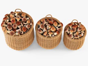 wicker basket 07 toasted oat color with mushrooms 3D Model