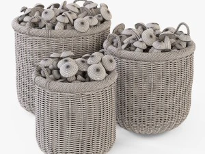 wicker basket 07 toasted oat color with mushrooms 3D Model